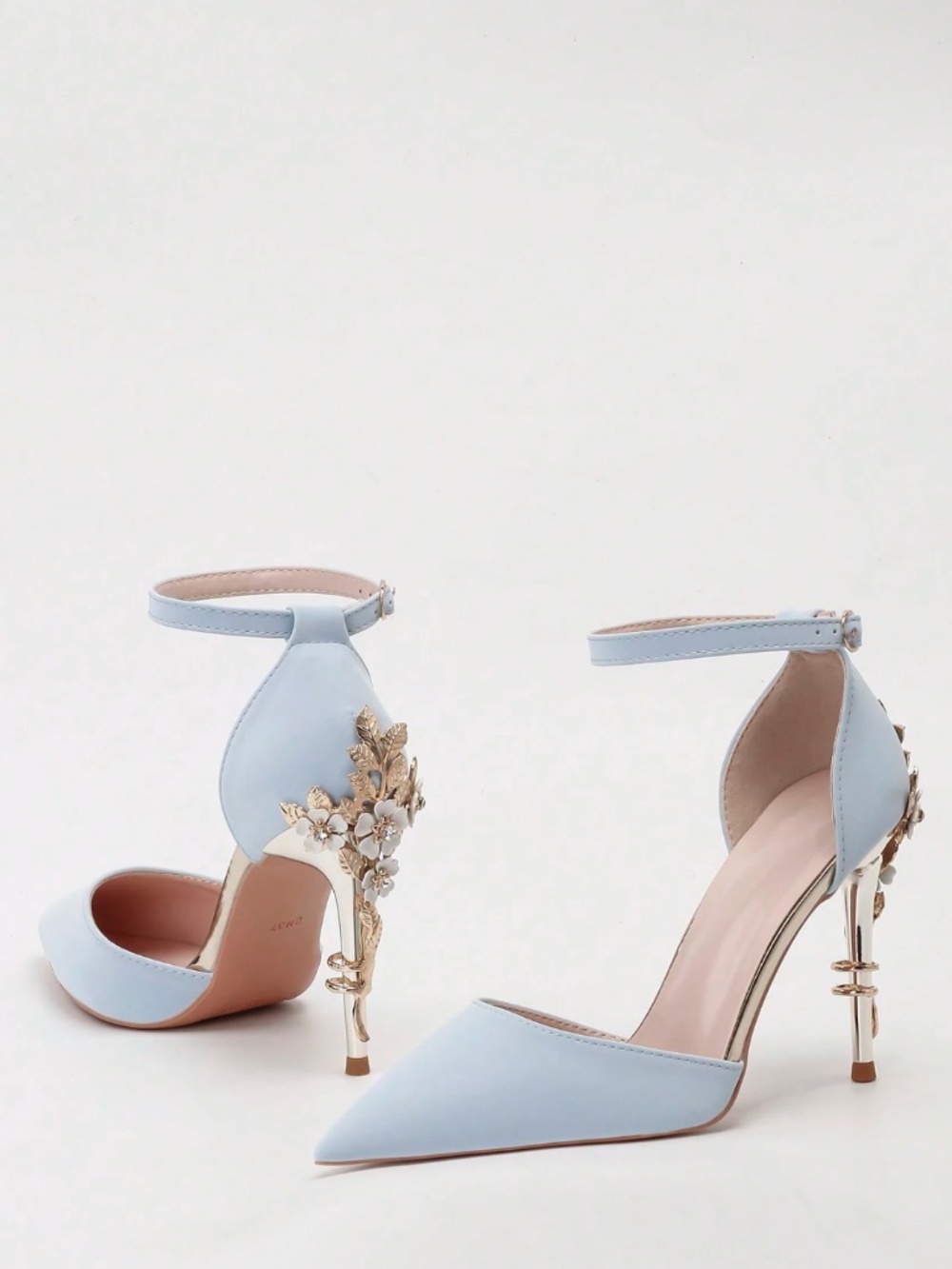 Light Blue Satin High Heel Shoes Embellished Flowers Metal Gold Detail